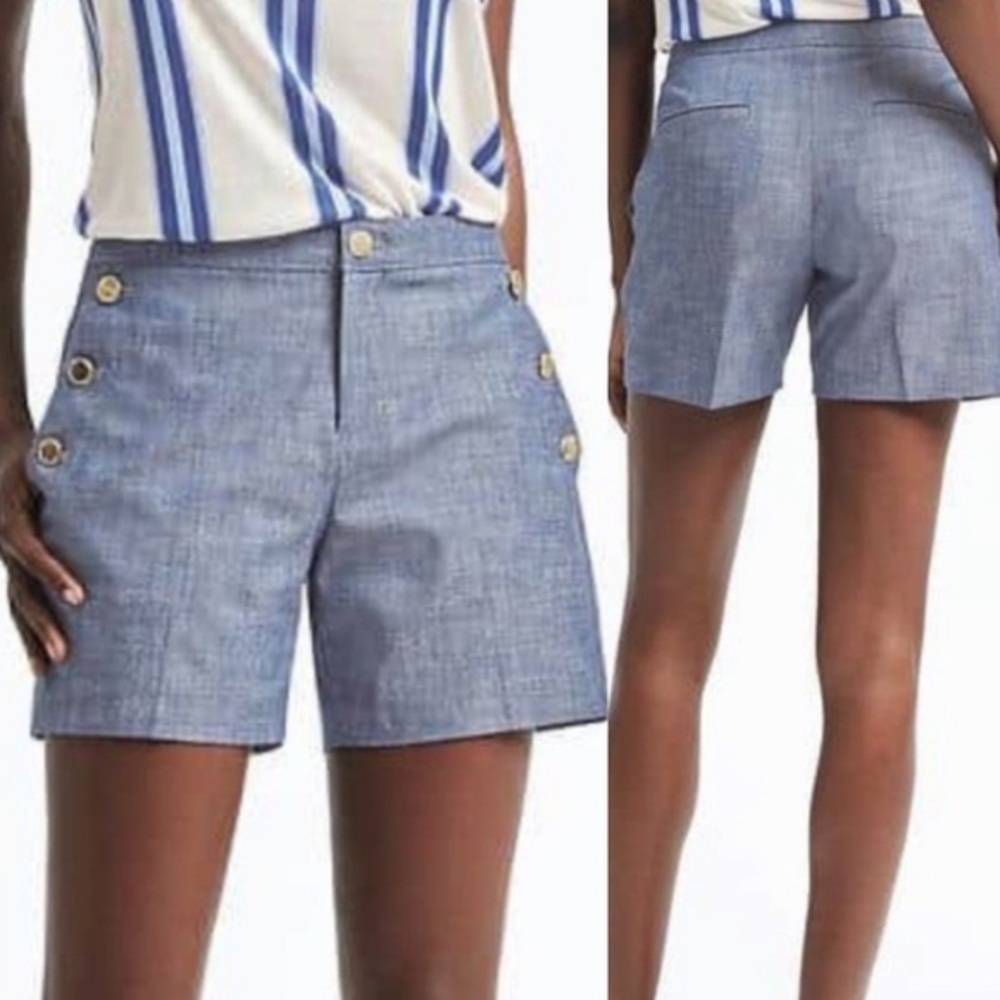 Chambray sailor-style shorts with gold buttons.00p